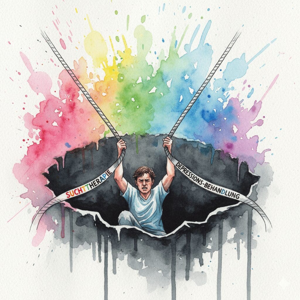 Eine Person klettert mit zwei Seilen (Suchttherapie, Depressions-Behandlung) aus einem Loch. Symbol für die Notwendigkeit der integrierten Behandlung einer Doppeldiagnose.