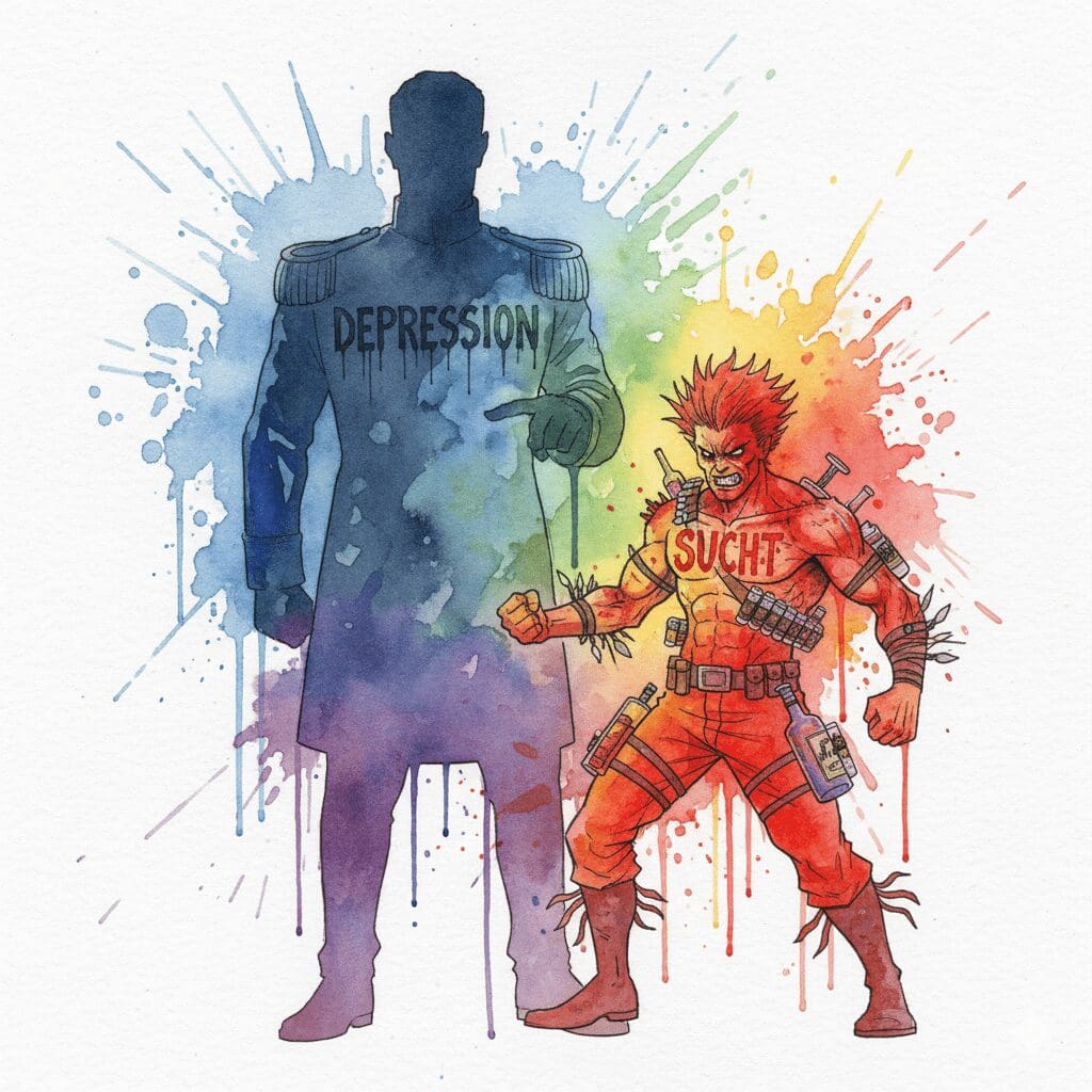 Ein General (Depression) und ein von ihm angeheuerter Söldner (Sucht), als Metapher für Ursache und Symptom.
