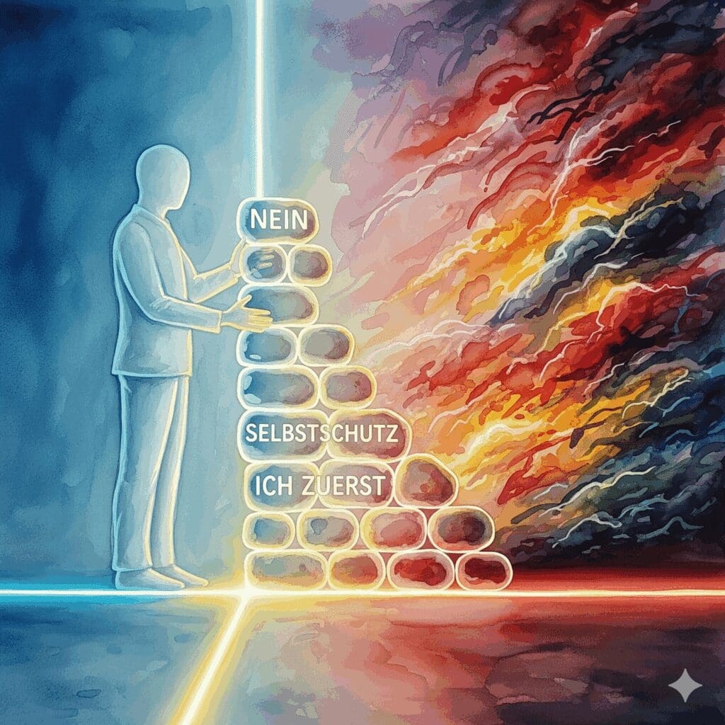 Eine Person baut eine schützende Mauer mit der Aufschrift "NEIN" gegen einen Sturm, als Symbol für das Setzen gesunder Grenzen gegenüber einem süchtigen Menschen.