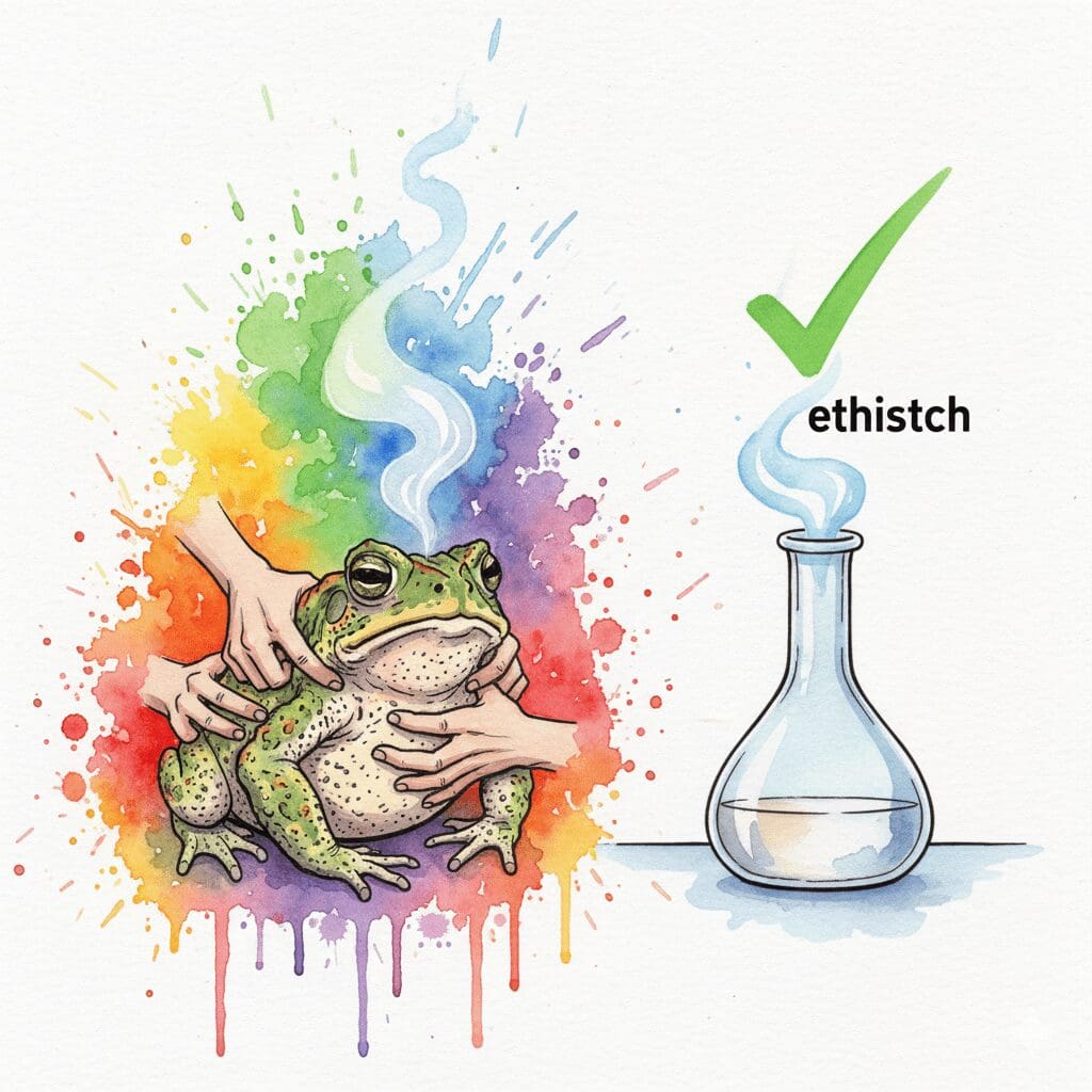 Symbolischer Vergleich, der synthetisches 5-MeO-DMT als ethische und tierschützende Alternative zum "Melken" von Kröten darstellt.