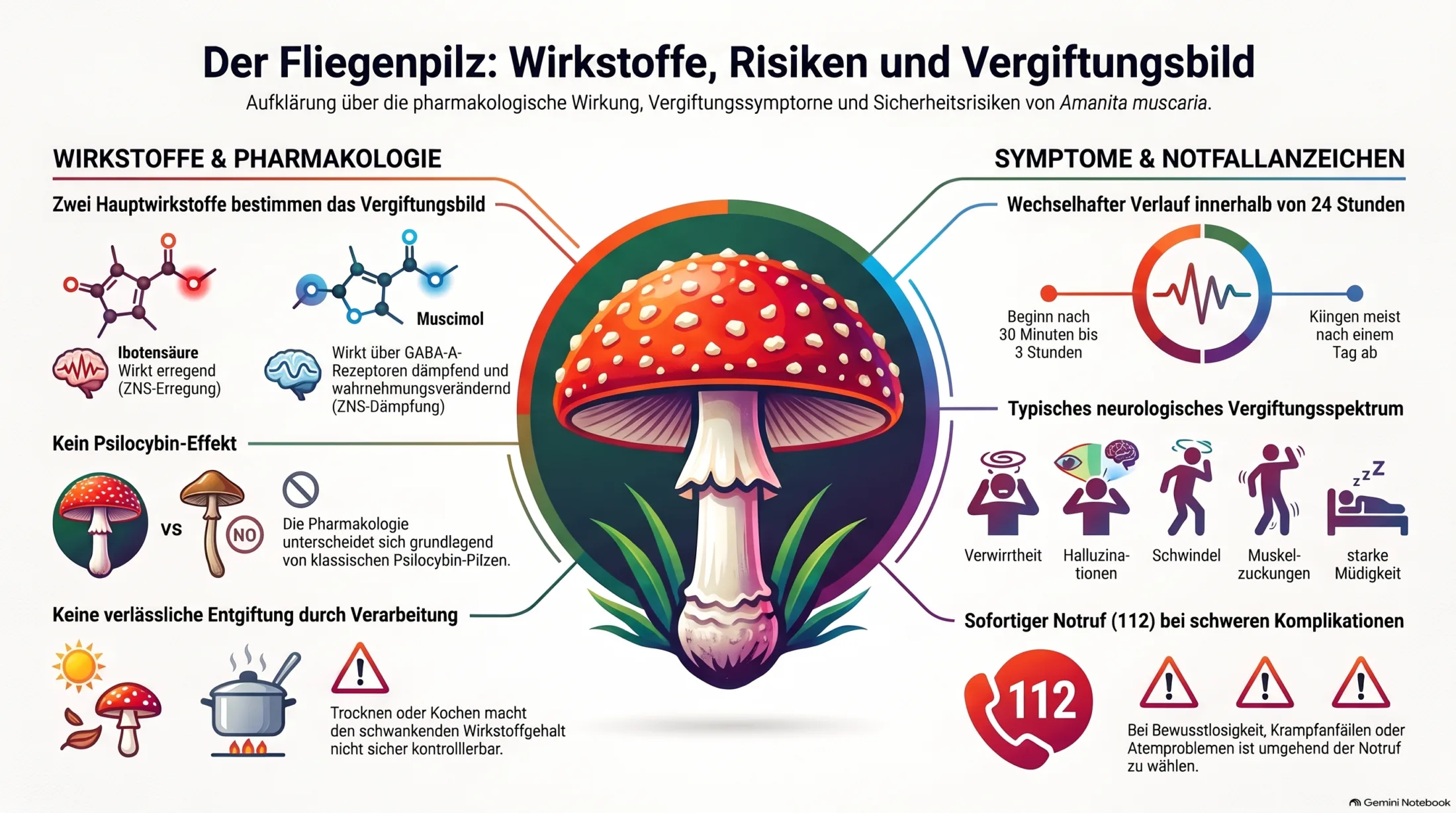 Fliegenpilz: Wirkstoffe und Risiken Fliegenpilz mit Muscimol, Ibotensäure, Wirkung, Vergiftungszeichen und Risiken