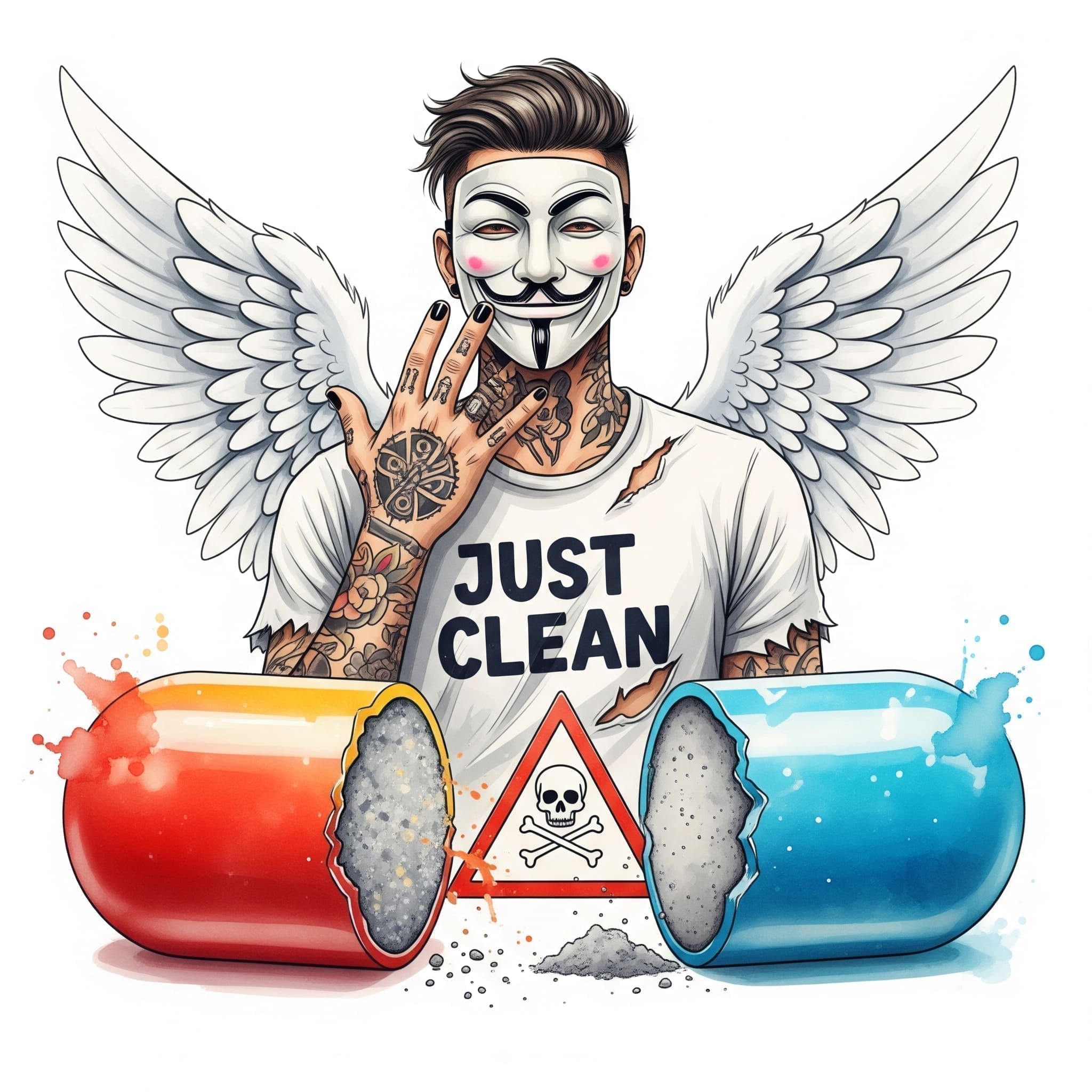 Eine bunte Ecstasy-Pille, die in der Mitte zerbrochen ist. Im Inneren ist aber kein glitzernder Kern, sondern ein graues, unscheinbares Pulver und ein Warnsymbol ( Totenkopf ☠️). Symbolisiert die Gefahr von Fälschungen. "Fake Ecstasy Pille", "BZP als Droge", "Gefahr Designerdrogen"