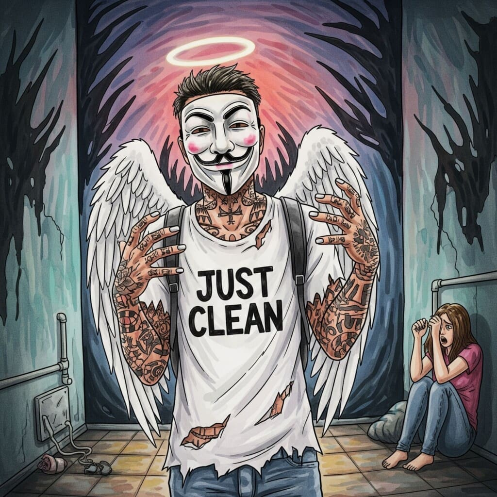 Eine Person, die sich verängstigt in einer Ecke verkriecht. Die Umgebung ist verzerrt und voller bedrohlicher Schatten. Symbolisiert den psychotischen Horrortrip. "Psychose durch Drogen", "Horrortrip Badesalz", "Nebenwirkungen MDPV"