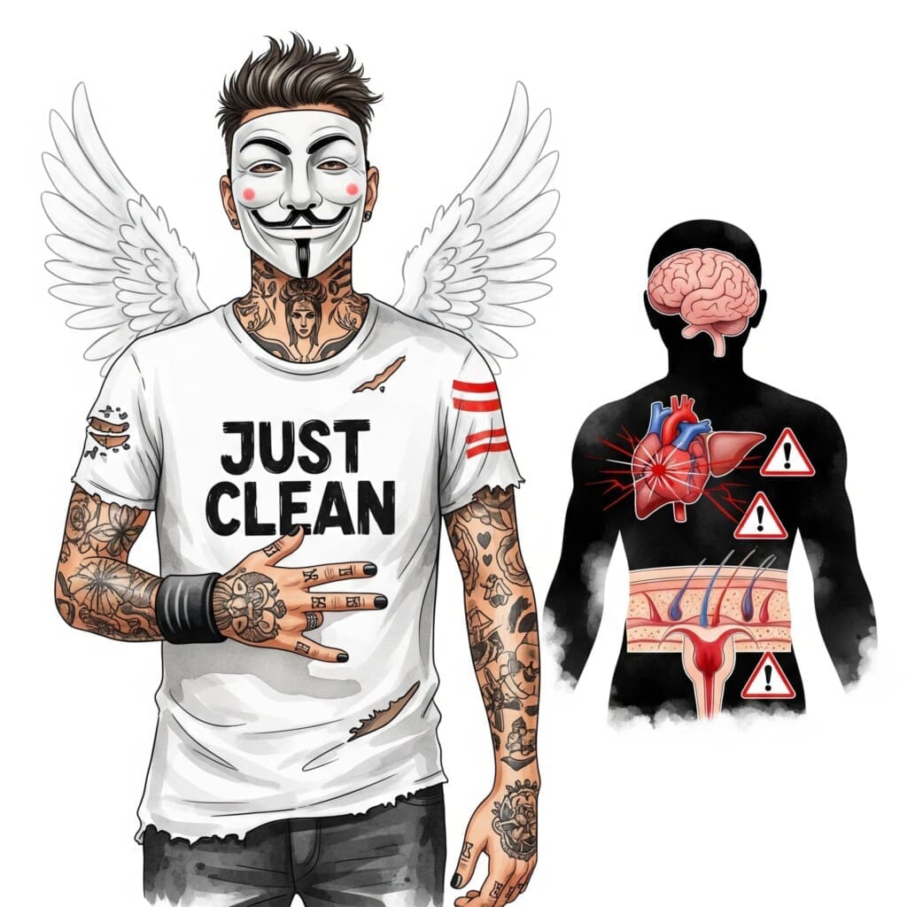 Eine Grafik, die eine menschliche Silhouette zeigt. Auf verschiedenen Körperteilen (Herz, Leber, Gehirn, Haut, Geschlechtsorgane) leuchten rote Warnsymbole auf. Symbolisiert die systemischen Schäden. "Anabolika Nebenwirkungen Körper", "gesundheitliche Folgen Steroide", "Langzeitschäden Doping"