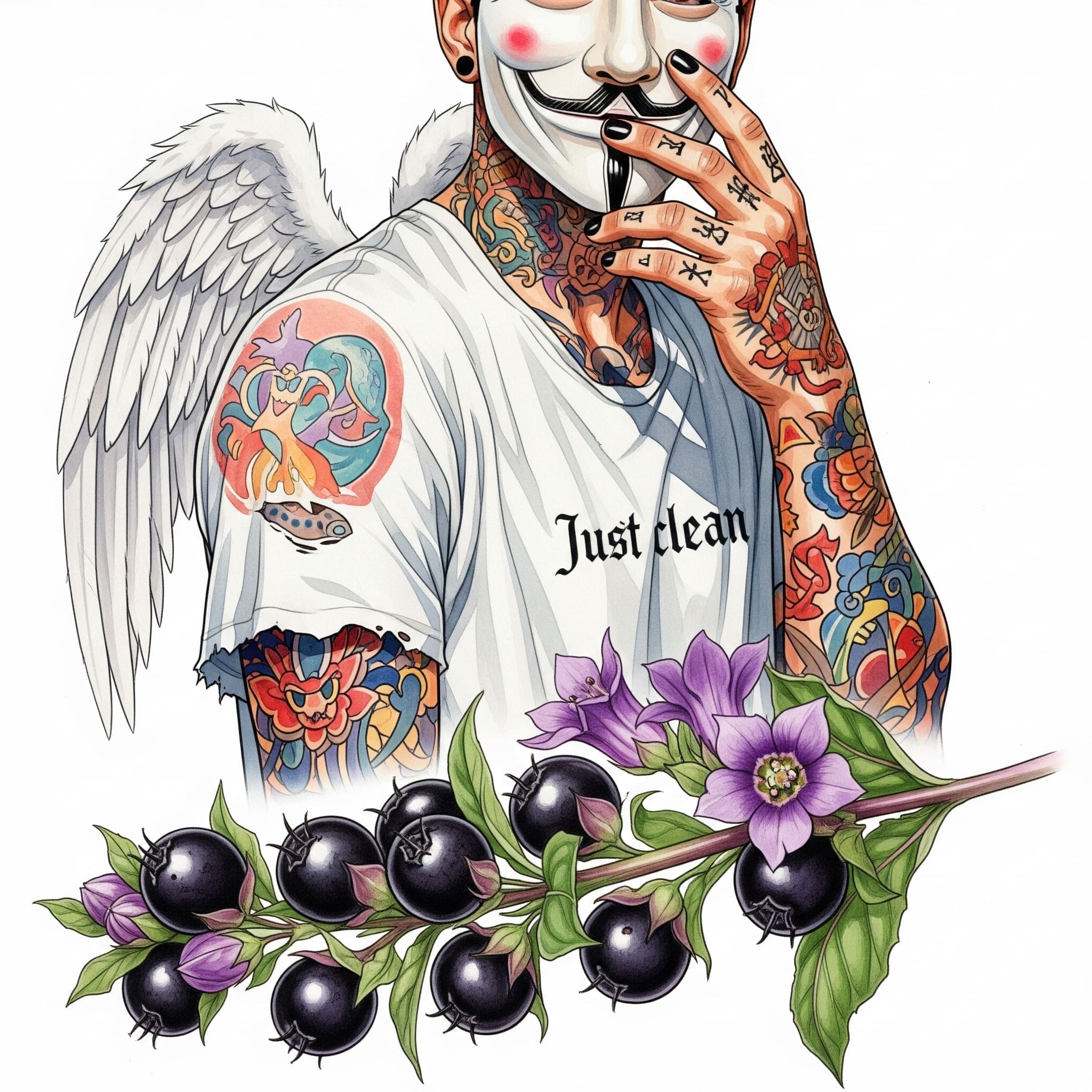 Eine Nahaufnahme der Tollkirschen-Pflanze mit ihren glänzenden, schwarzen Beeren und den lila Blüten. Die Pflanze sollte schön, aber auch leicht unheilvoll aussehen. "Tollkirsche Atropa belladonna", "giftige Pflanzen", "Quelle von Atropin"