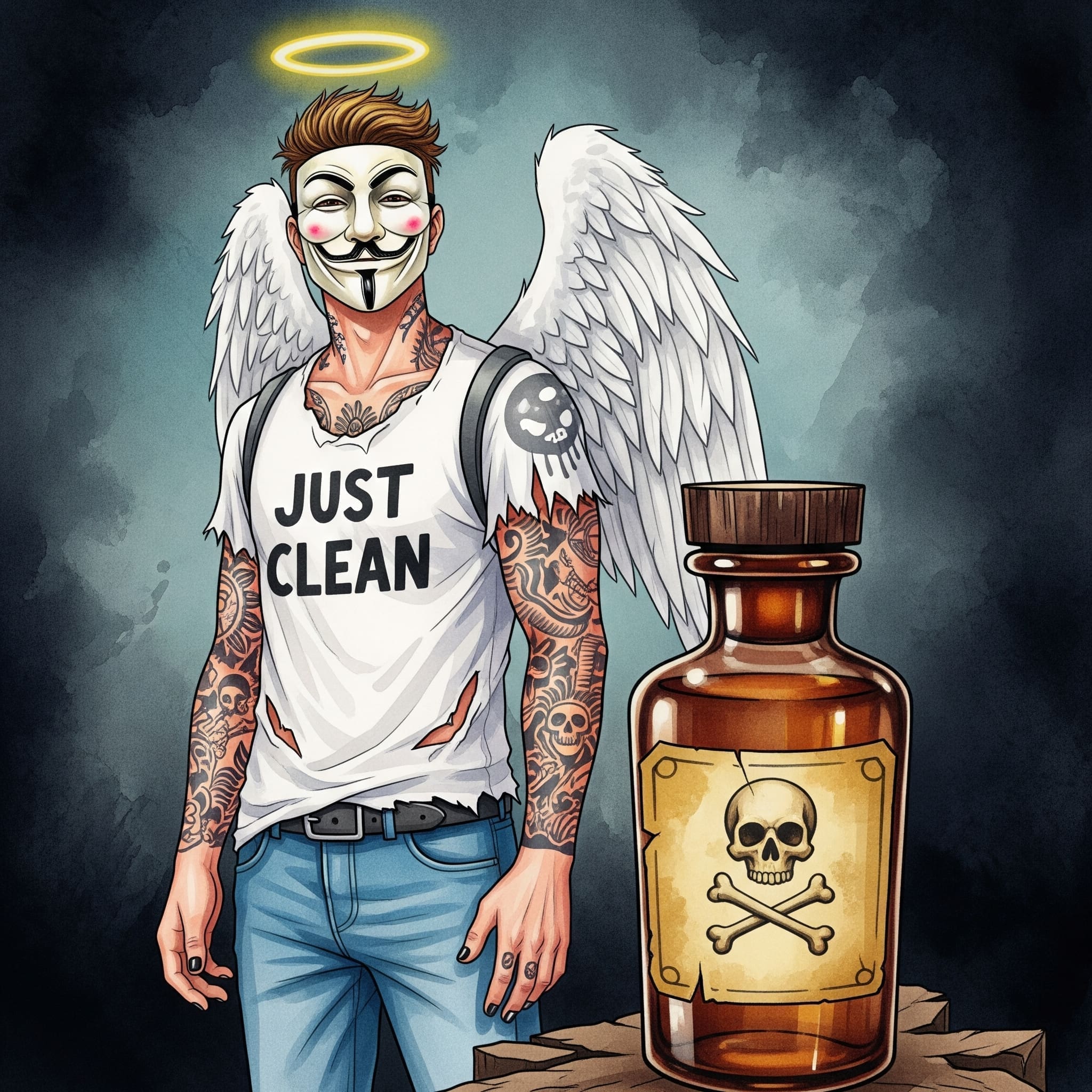 Eine alte, braune Apothekerflasche mit einem vergilbten Etikett, auf dem ein Totenkopf-Symbol zu sehen ist. Der Hintergrund ist dunkel und schummrig. Symbolisiert die "altmodische" aber ernste Gefahr. "Gefahr von Äther", "giftige Substanzen", "historische Droge"