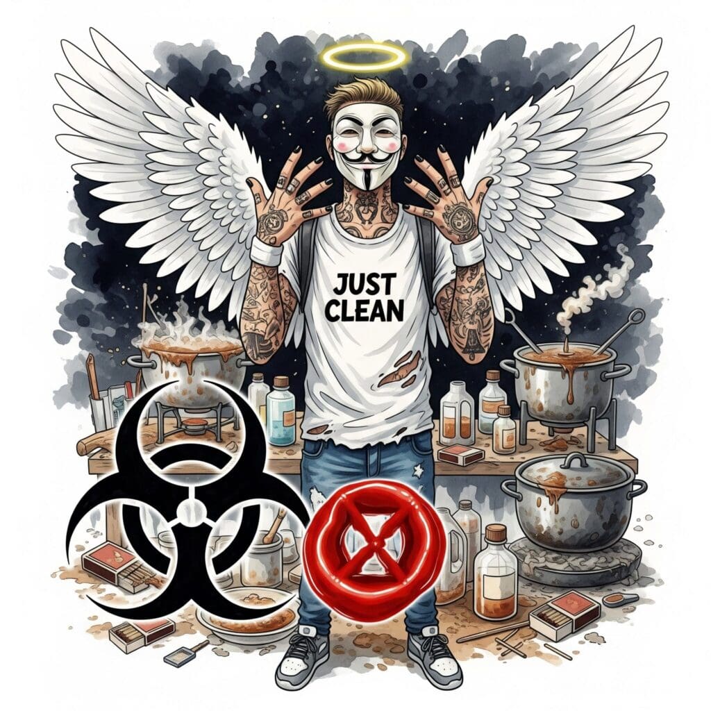 Ein prominentes Biohazard-Symbol (☣️) oder ein Gift-Symbol (☠️) vor dem Hintergrund von dreckigen Töpfen, Streichholzschachteln und Chemieflaschen. Symbolisiert die toxische Herstellung.  "Krokodil Herstellung", "giftige Drogen", "Gefahr von Desomorphin"
