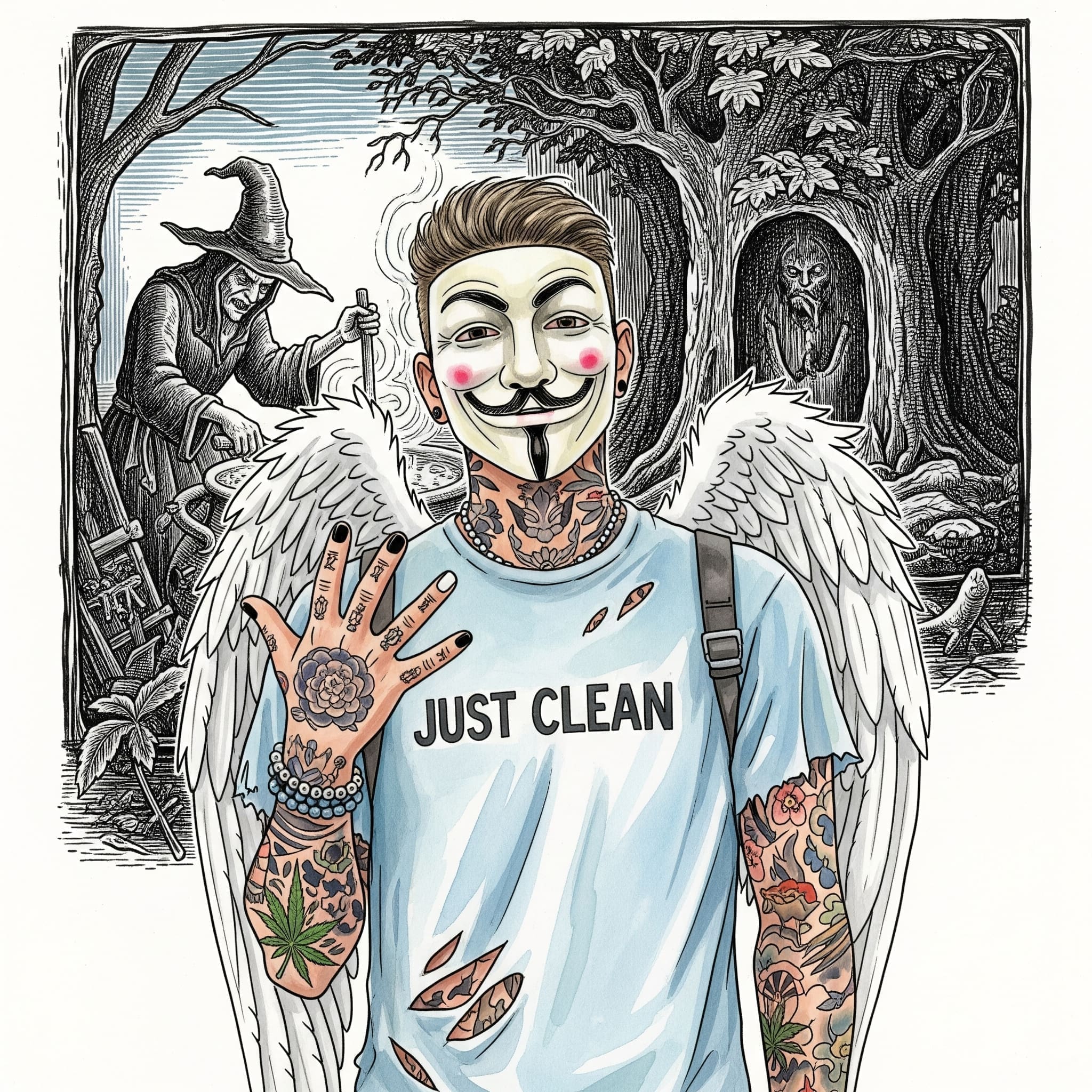 Ein altes, mystisches Bild im Stil eines Holzschnitts. Es zeigt eine Hexe, die Kräuter in einem Kessel mischt, und eine unheimliche Gestalt im Wald. Symbolisiert die düstere, folkloristische Geschichte der Pflanze. "Hexenkraut Bilsenkraut", "magische Pflanzen", "historische Drogen"