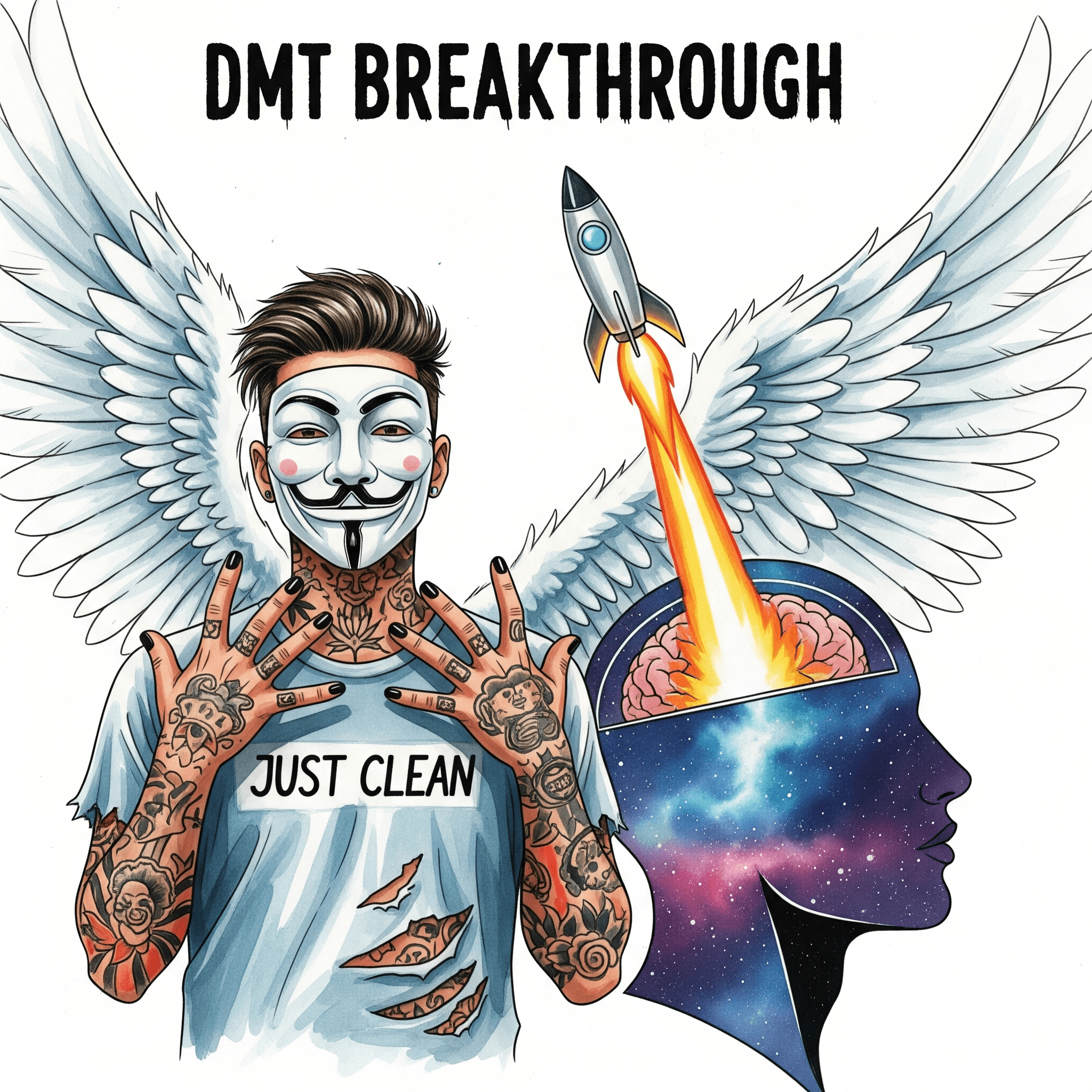 Eine stilisierte Grafik eines Kopfes im Profil. Aus dem Gehirn schießt eine Rakete oder ein Lichtstrahl ins Universum. Symbolisiert den "Breakthrough" und die Intensität des Trips. "DMT Breakthrough", "The Spirit Molecule", "psychedelische Reise"