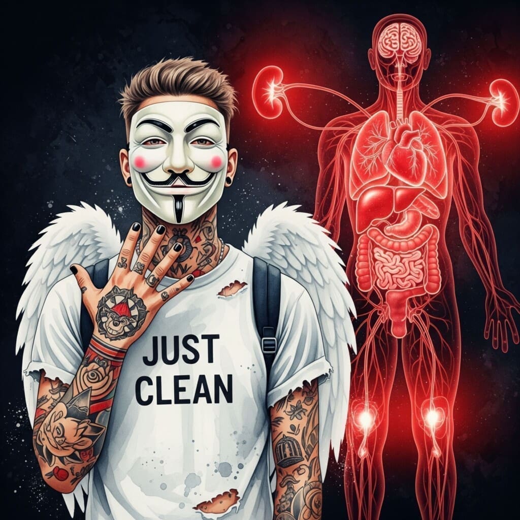 Eine stilisierte Grafik eines menschlichen Körpers, bei der die Lunge, das Herz, die Leber, die Nieren und das Gehirn rot aufleuchten. Symbolisiert die vielfältigen Organschäden. "Organschäden durch Drogen", "gesundheitliche Risiken Äther", "giftige Wirkung von Drogen"