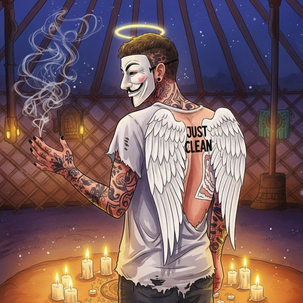 Eine nächtliche Szene in einer Jurte oder einem rituellen Raum. Kerzenlicht, vielleicht etwas Rauch von Räucherstäbchen in der Luft. Die Atmosphäre ist ruhig, sicher und spirituell. "Ayahuasca Zeremonie", "sicherer Raum Psychedelika", "schamanisches Ritual"