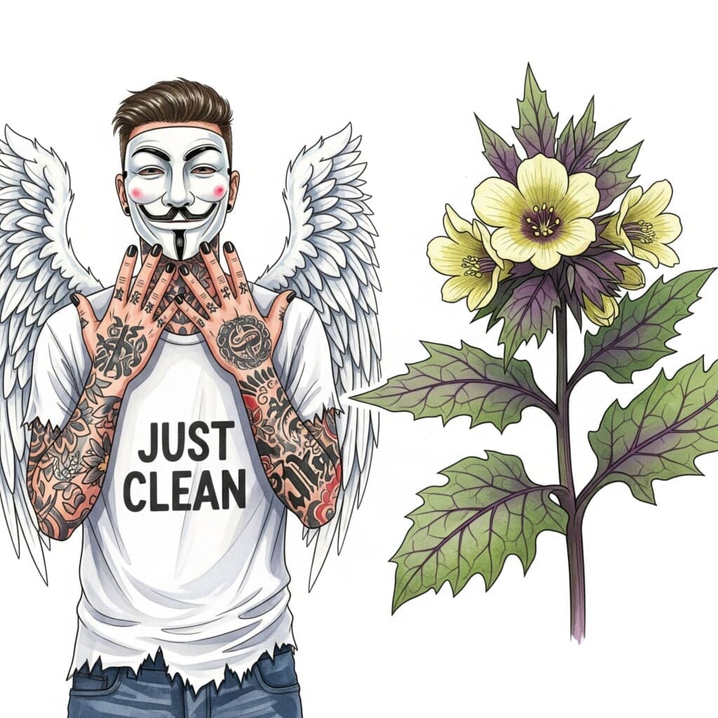 Eine Nahaufnahme der Bilsenkraut-Pflanze, die ihre charakteristischen, blassgelben Blüten mit den dunklen, violetten Adern zeigt. Die Pflanze sollte geheimnisvoll, aber auch leicht bedrohlich wirken. "Bilsenkraut Pflanze", "Hyoscyamus niger", "giftige Nachtschattengewächse"