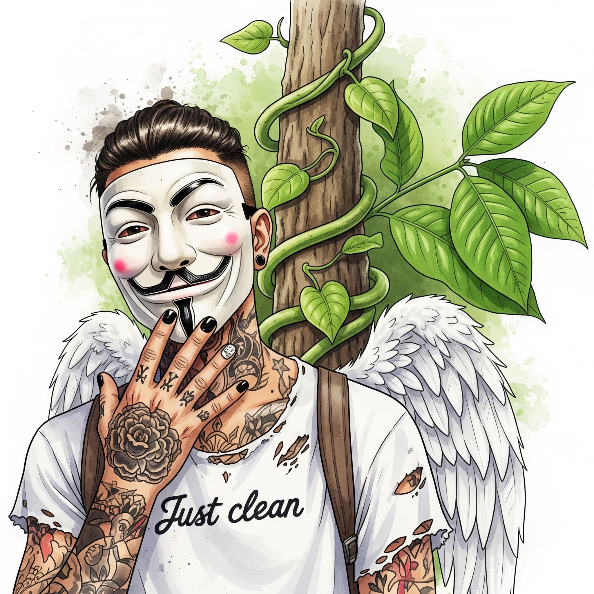 Eine Nahaufnahme der Banisteriopsis caapi-Liane, die sich um einen Baum windet, daneben die grünen Blätter der Chacruna-Pflanze. Symbolisiert die beiden Hauptkomponenten. "Ayahuasca Pflanzen", "Banisteriopsis caapi", "Psychotria viridis"