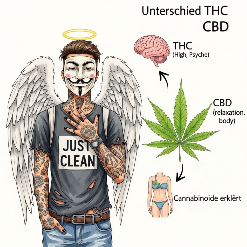 Eine stilisierte Grafik einer Cannabis-Pflanze. Von der Pflanze gehen zwei Pfeile aus: Einer zeigt auf ein Gehirn-Symbol mit der Aufschrift "THC (High, Psyche)", der andere auf ein Körper-Symbol mit der Aufschrift "CBD (Entspannung, Körper)". Symbolisiert den Hauptunterschied. "Unterschied THC CBD", "Wirkung von Cannabis", "Cannabinoide erklärt"