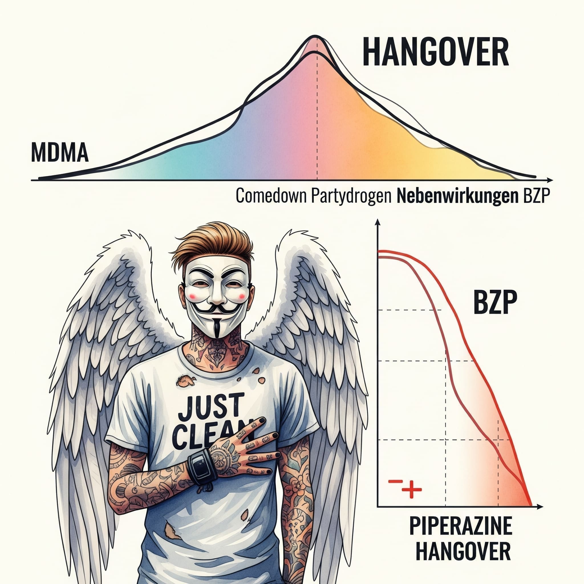 Eine Grafik, die den Verlauf eines "Katers" zeigt. Eine Kurve für MDMA geht nach dem Rausch relativ schnell wieder nach oben. Eine andere Kurve für BZP stürzt tief ab und bleibt für einen sehr langen Zeitraum im negativen Bereich. Symbolisiert den "Piperazin-Kater". "BZP Kater", "Comedown Partydrogen", "Nebenwirkungen BZP"