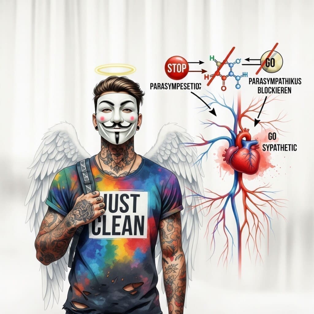 Eine stilisierte Grafik des Nervensystems. Ein "Stopp"-Signal (Parasympathikus) wird durch ein Atropin-Molekül blockiert, während ein "Go"-Signal (Sympathikus) freie Bahn zum Herzen hat. Symbolisiert den Wirkmechanismus. "Wirkung von Atropin", "Anticholinergikum", "Parasympathikus blockieren"