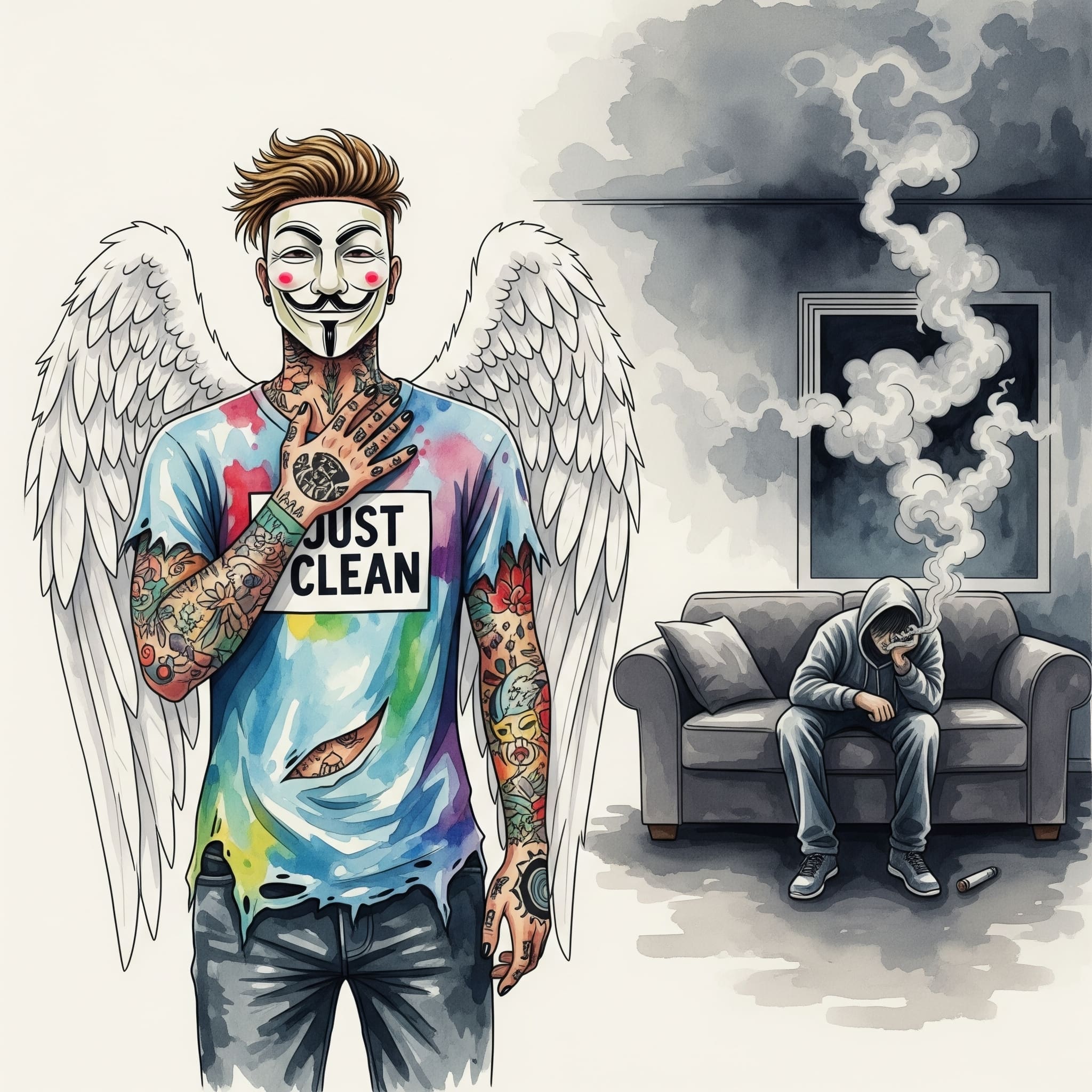 Eine Person sitzt apathisch auf einem Sofa in einem abgedunkelten Raum. Rauchschwaden umgeben sie. Symbolisiert die Antriebslosigkeit und soziale Isolation durch chronischen Konsum.  "Cannabisabhängigkeit", "Langzeitfolgen Kiffen", "Antriebslosigkeit durch Cannabis"