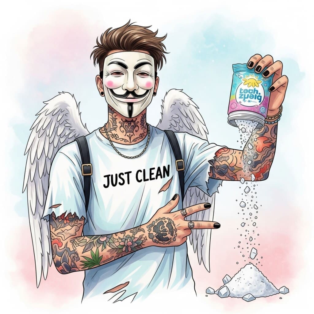 Eine harmlose, schöne Verpackung von Badesalz. Aus der Verpackung quillt aber statt Kristallen ein bedrohliches, chemisch aussehendes Pulver. Symbolisiert die Täuschung. "Badesalz als Droge", "gefährliche Designerdrogen", "synthetische Cathinone"