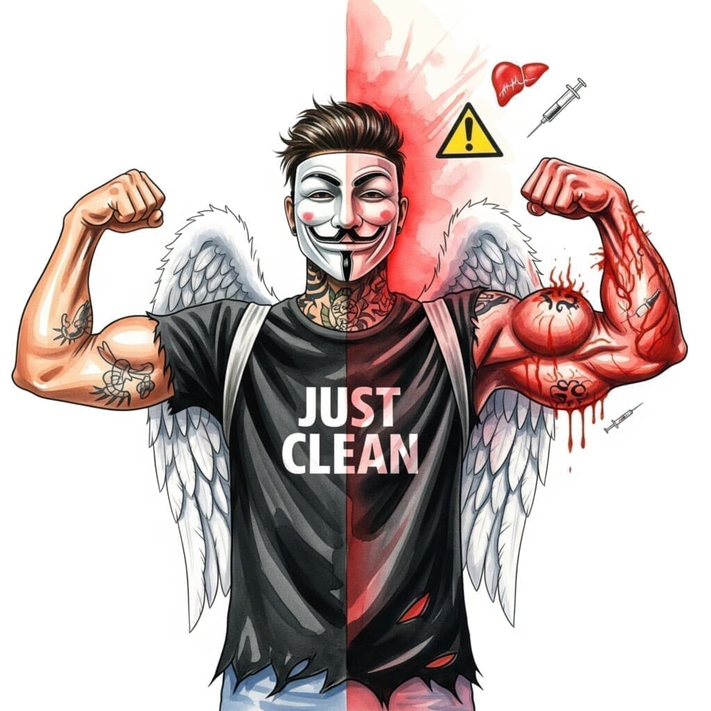 Ein geteiltes Bild. Links ein gesunder, normaler Bizeps. Rechts der gleiche Bizeps, aber übertrieben groß, rot und entzündet, mit kleinen Warnsymbolen (Herz, Leber, Spritze) überlagert. Symbolisiert den ungesunden, riskanten Zuwachs. "Gefahren von Anabolika", "ungesunder Muskelaufbau", "Risiken Steroide"