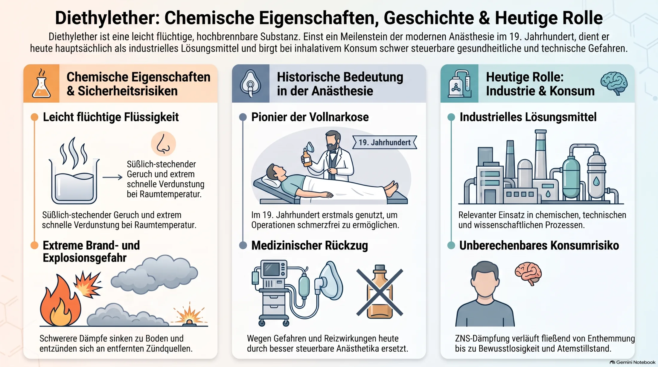 Infografik über Diethylether mit Wirkung, Rausch, Narkose, Risiken und Explosionsgefahr