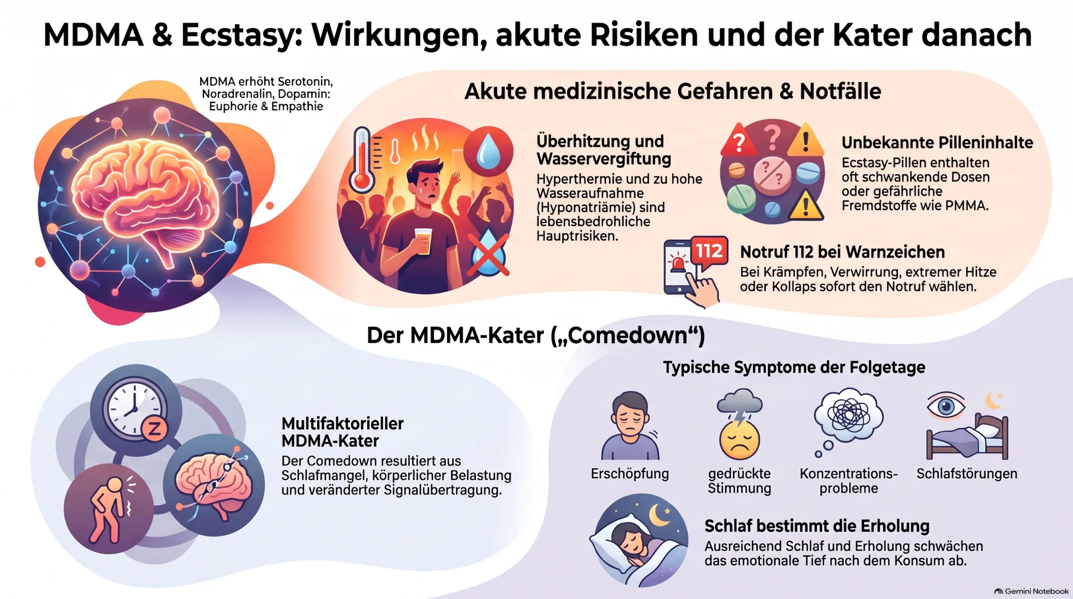 MDMA und Ecstasy: Wirkung, Serotonin, MDMA-Kater, Überhitzung, Wasservergiftung und akute Risiken