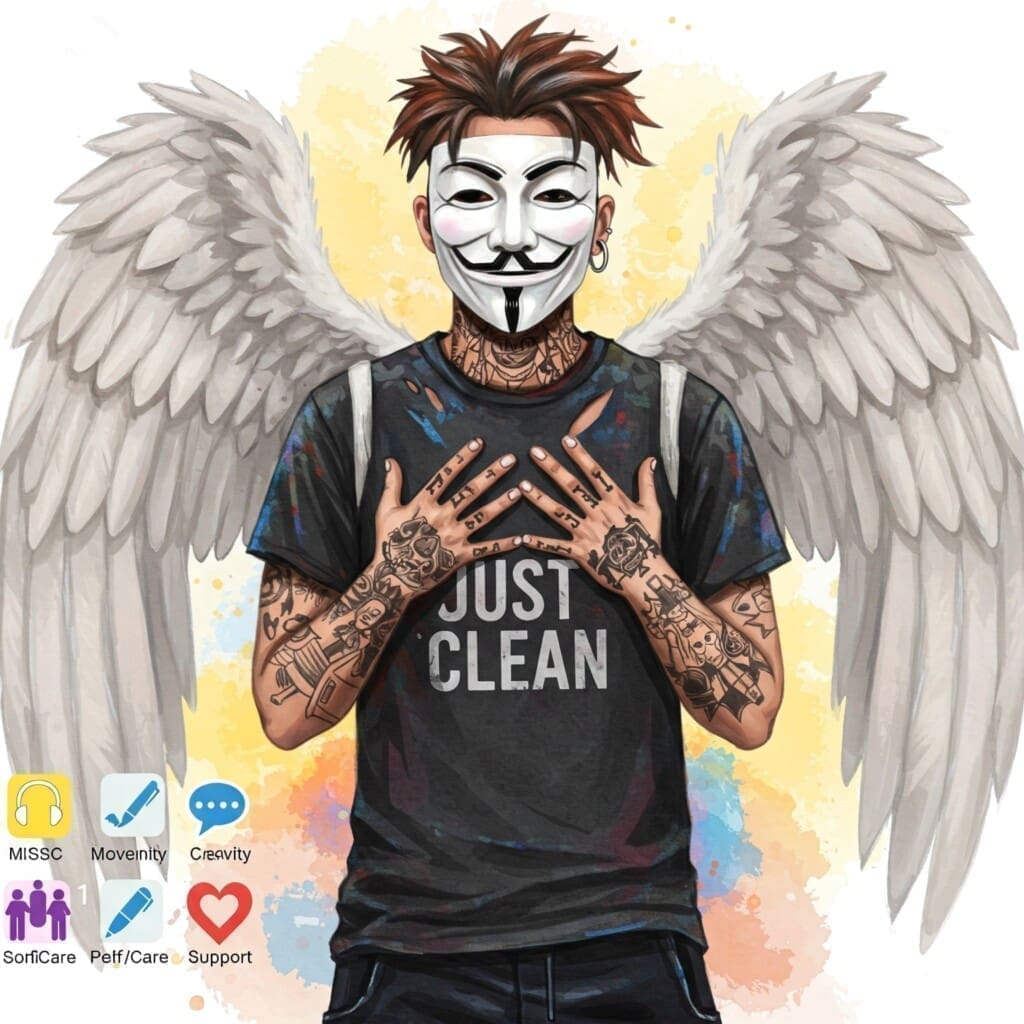 Eine helle, freundliche Collage oder eine Serie kleiner Icons, die gesunde Bewältigungsstrategien zeigen: Kopfhörer (Musik 🎧), Sportschuh (Bewegung 👟), Stift/Pinsel (Kreativität 🎨), Sprechblasen (Reden 💬), Herz (Selbstfürsorge ❤️), Hände (Support 🙏).

Keywords/Alt-Text: Collage gesunder Skills – Werkzeuge für den Umgang mit Gefühlen und Emotionen nach Sucht.