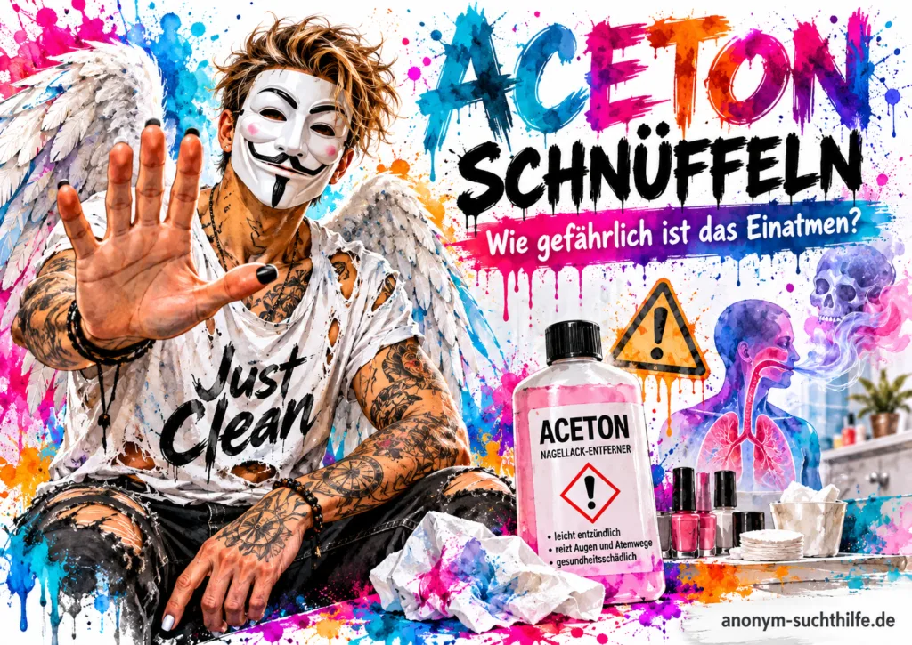 Titelbild zu Aceton einatmen und Schnüffeln mit Nagellackentferner, Risiken, Warnzeichen und Anonym-Suchthilfe-Markenfigur.