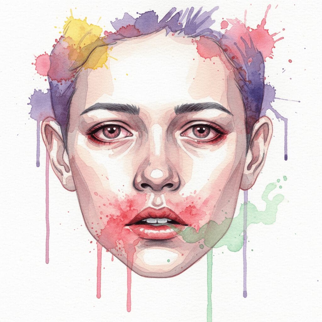 Künstlerische Darstellung der Anzeichen von Aceton-Missbrauch wie dem typischen "Schnüffler-Ekzem" um den Mund.