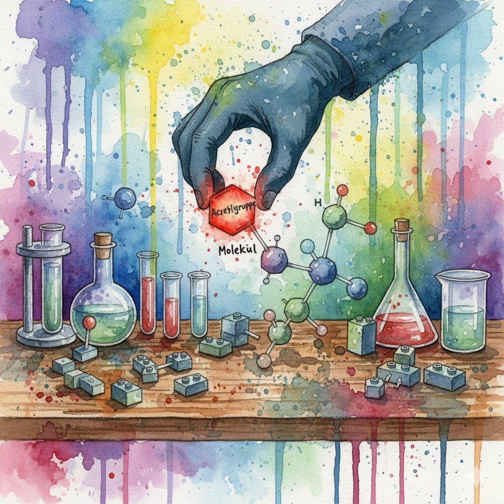 Künstlerische Darstellung des chemischen Prozesses der Acetylierung, bei dem Drogen in einem Labor "getunt" werden.