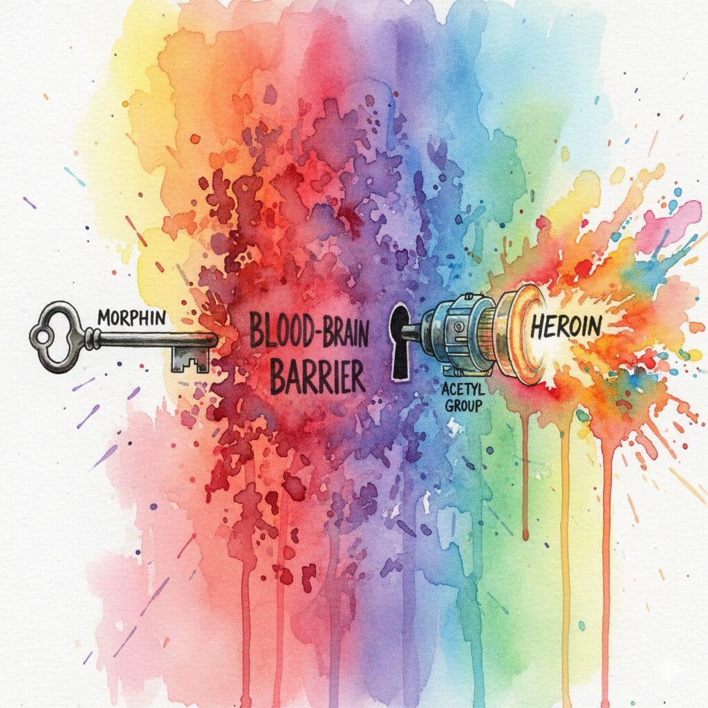 Künstlerische Darstellung, wie Acetylierung Morphin in Heroin verwandelt, das die Blut-Hirn-Schranke überwindet wie ein Master-Key.