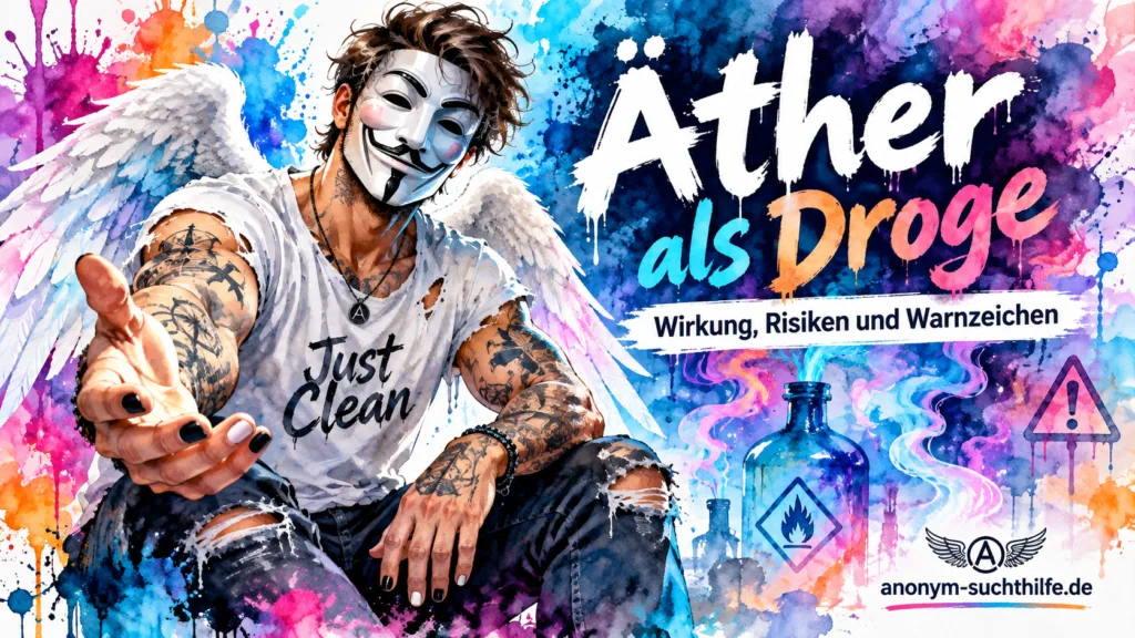 Titelbild zu Äther als Droge mit Wirkung, Risiken, Warnzeichen und Anonym-Suchthilfe-Markenfigur.