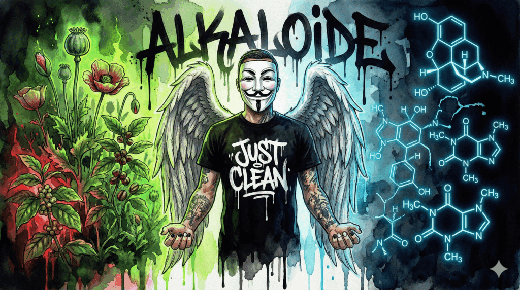 NeelixberliN-Figur mit Anonymous-Maske und Engelsflügeln vor einem Graffiti-Hintergrund mit dem Schriftzug ALKALOIDE. Die Grafik verbindet Pflanzen wie Mohn mit chemischen Formeln.