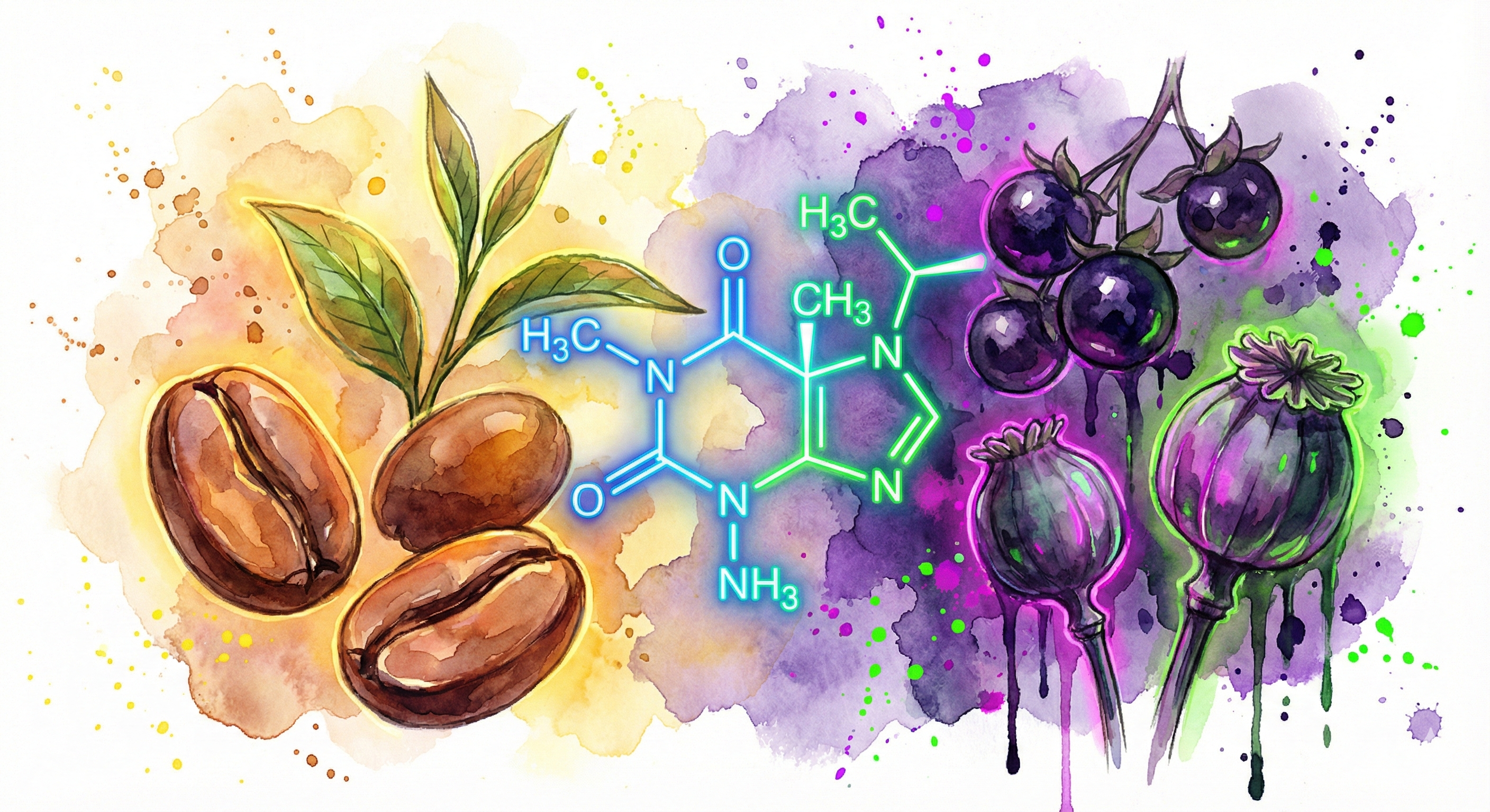 Künstlerische Darstellung der Alkaloid-Wirkung: Links Kaffeebohnen und Teeblätter als milde Stimulanzien, rechts giftige Tollkirsche und Schlafmohnkapseln, verbunden durch eine chemische Stickstoff-Strukturformel im Watercolor-Stil.
