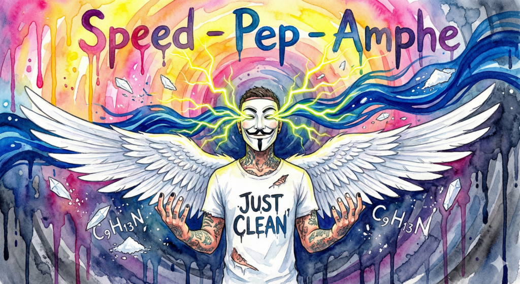 Das Titelbild zum Amphetamin-Guide: NeelixberliN inmitten eines energetischen Dopamin-Rausches im Watercolor-Stil.