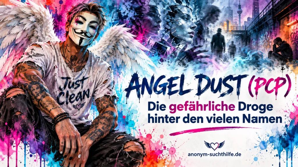 Titelbild zu Angel Dust und PCP mit Wirkung, Psychose, Risiken, Dissoziation und Anonym-Suchthilfe-Markenfigur.