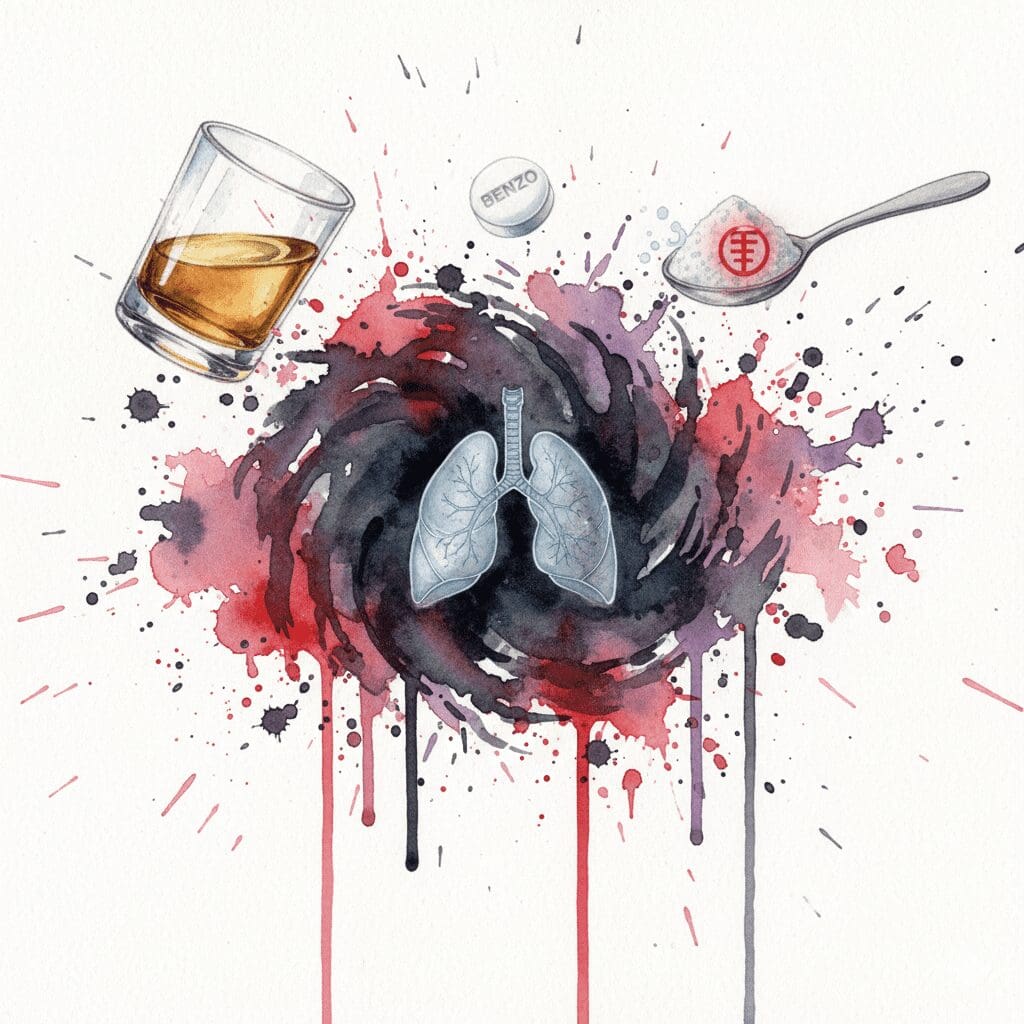 Symbolische Darstellung der tödlichen Gefahr von Mischkonsum von Benzodiazepinen mit Alkohol oder Opioiden, die zu Atemstillstand führt.