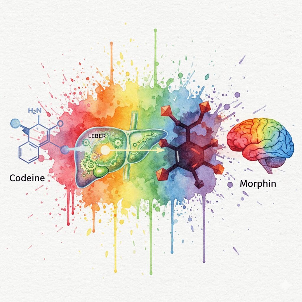 Darstellung, wie Codein in der Leber zu Morphin umgewandelt wird (Prodrug).