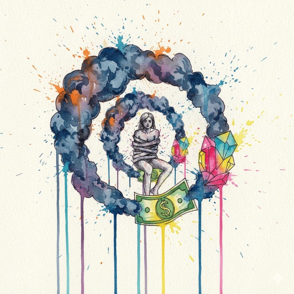 Symbolische Darstellung des zwanghaften Teufelskreises bei Crack-Sucht, bestehend aus Konsum, Craving und Beschaffung.