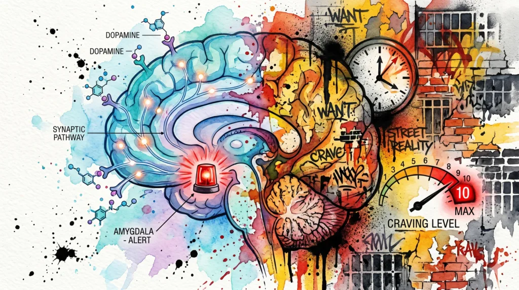 Ein Gehirn, das zur Hälfte klinische Neurobiologie und zur Hälfte das chaotische, tickende Stufen-Modell des Cravings (1 bis 10) darstellt.