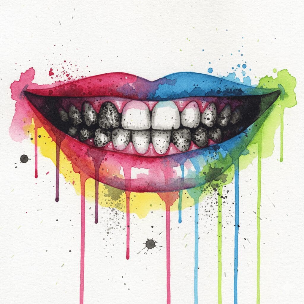 Symbolische Darstellung des "Meth-Munds", des extremen Zahnverfalls durch Crystal-Meth-Konsum.