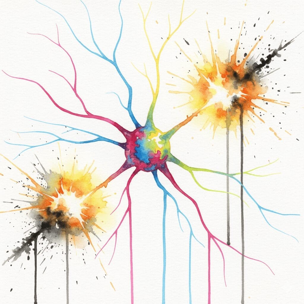 Künstlerische Darstellung der neurotoxischen Wirkung von Crystal Meth, bei der Nervenzellen durch die extreme Dopamin-Freisetzung geschädigt werden.