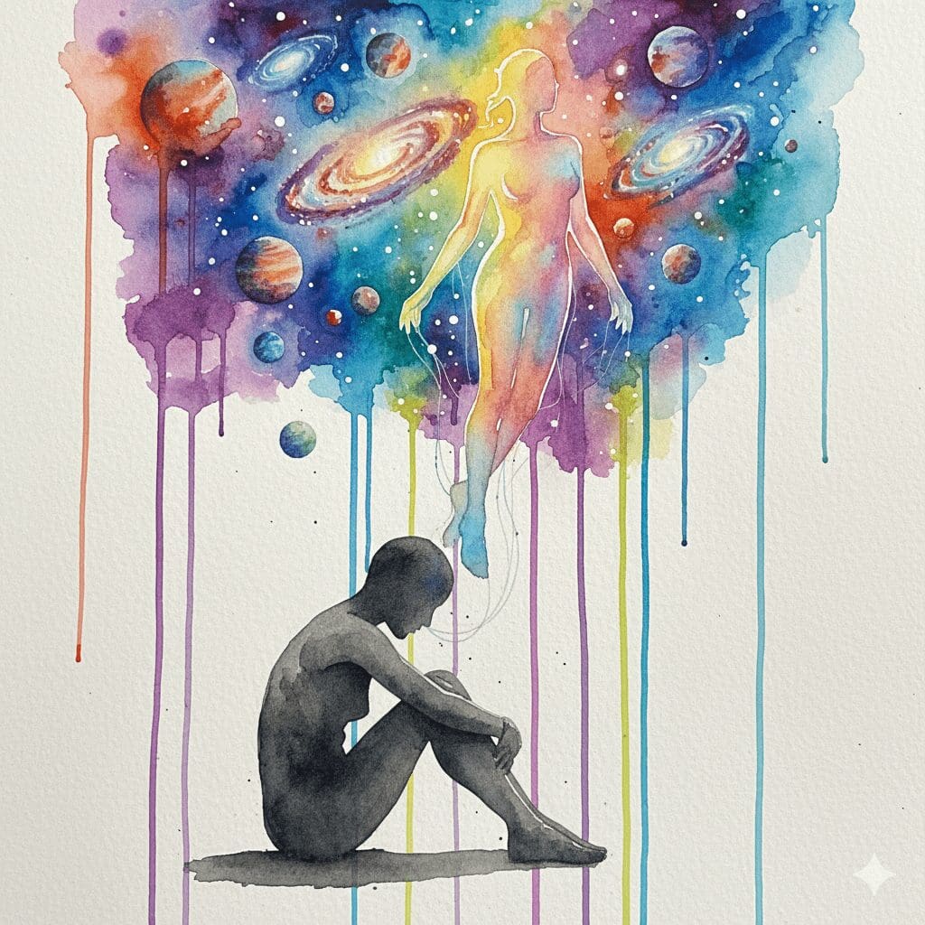 Künstlerische Darstellung des dissoziativen Effekts von DXM, bei dem sich der Geist vom Körper zu trennen scheint.