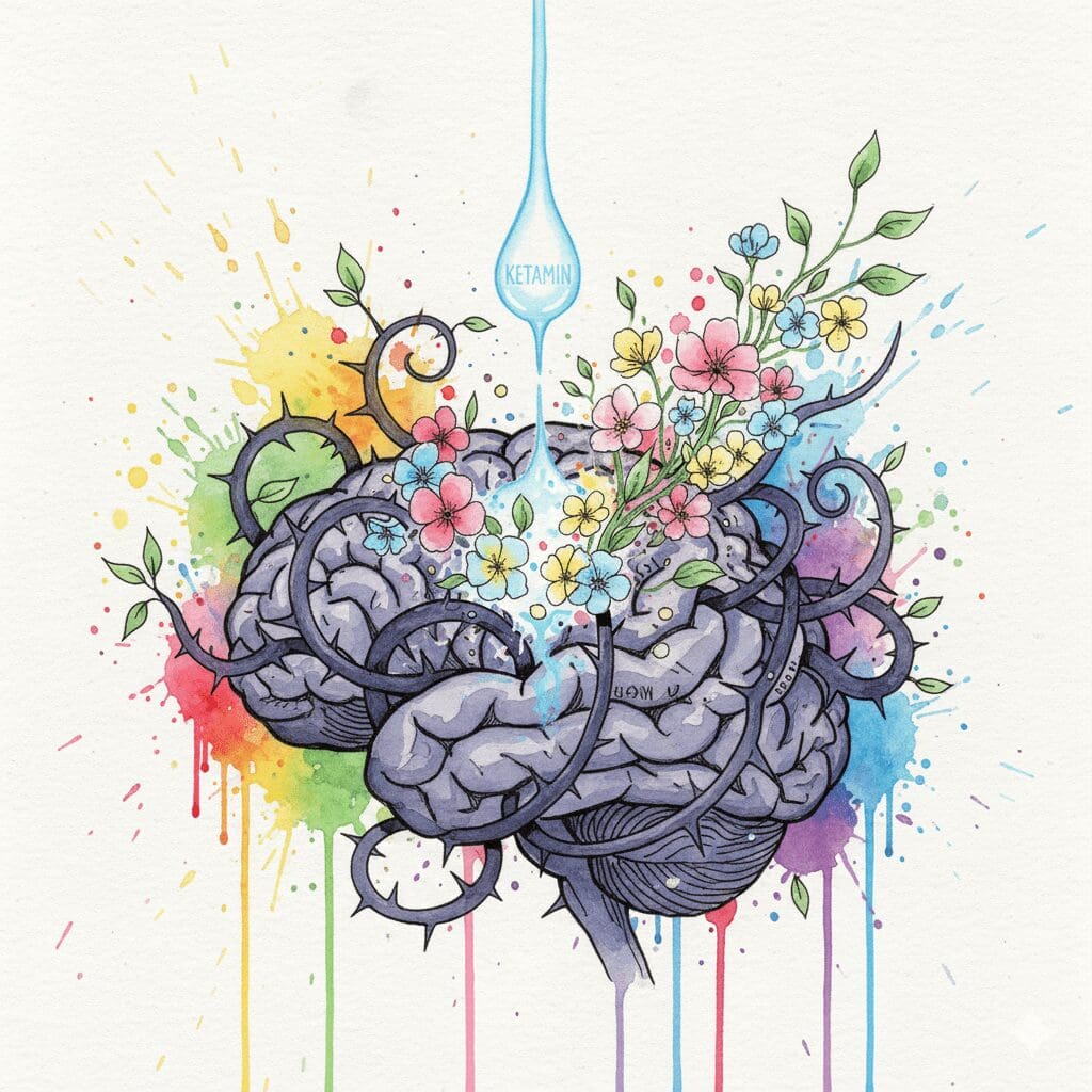 Künstlerische Darstellung der antidepressiven Wirkung von Ketamin, bei der die "Dornen" der Depression aufgelöst werden.