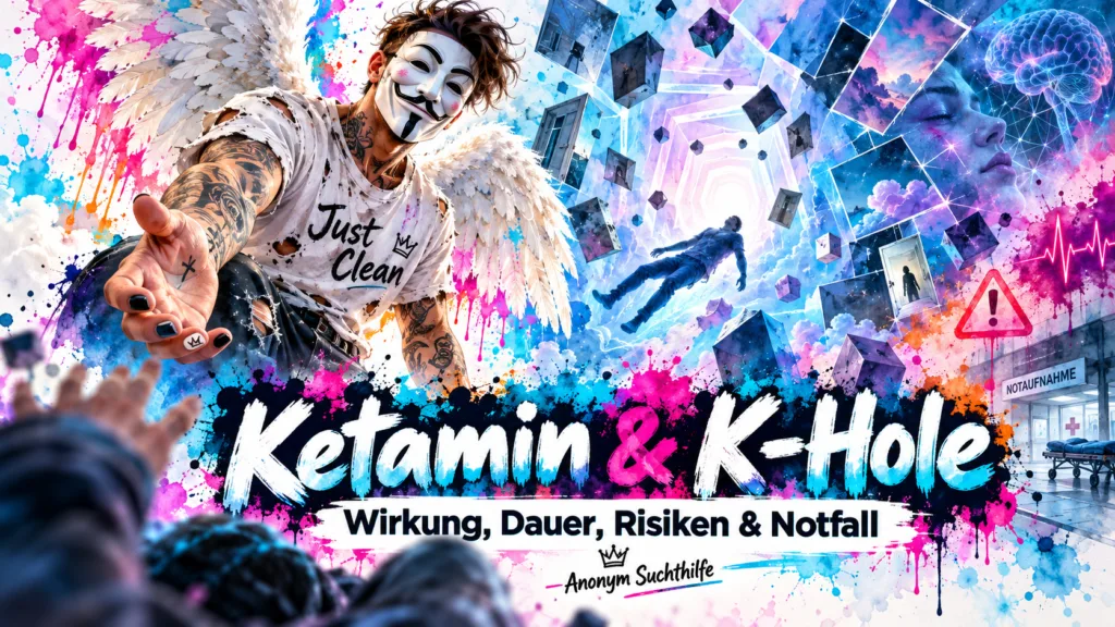Titelbild zu Ketamin und K-Hole mit Wirkung, Dauer, Risiken, Notfall und Anonym-Suchthilfe-Markenfigur.