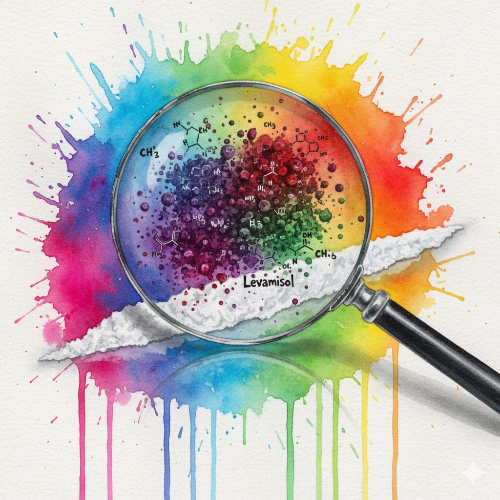 Künstlerische Darstellung von gestrecktem Kokain, bei dem ein Vergrößerungsglas gefährliche, unsichtbare Streckmittel in einer Line aufdeckt.