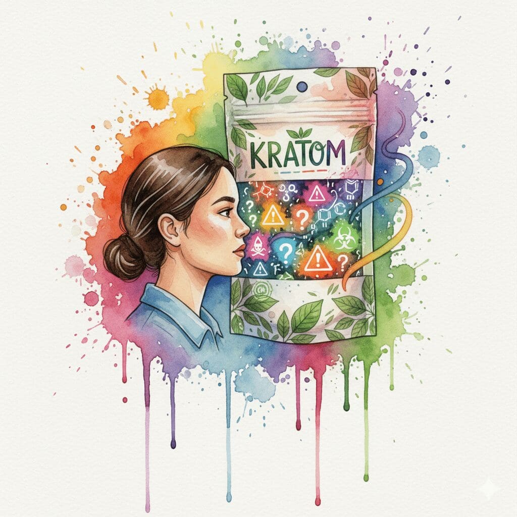 Darstellung des unregulierten Kratom-Marktes, bei dem der Inhalt und die Reinheit der Produkte unbekannt sind.