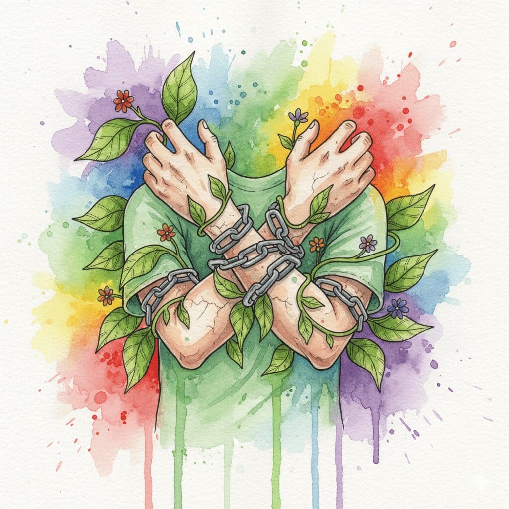 Symbolische Darstellung der Abhängigkeit von Kratom, gezeigt als Ketten aus Pflanzenblättern, die eine Person fesseln.