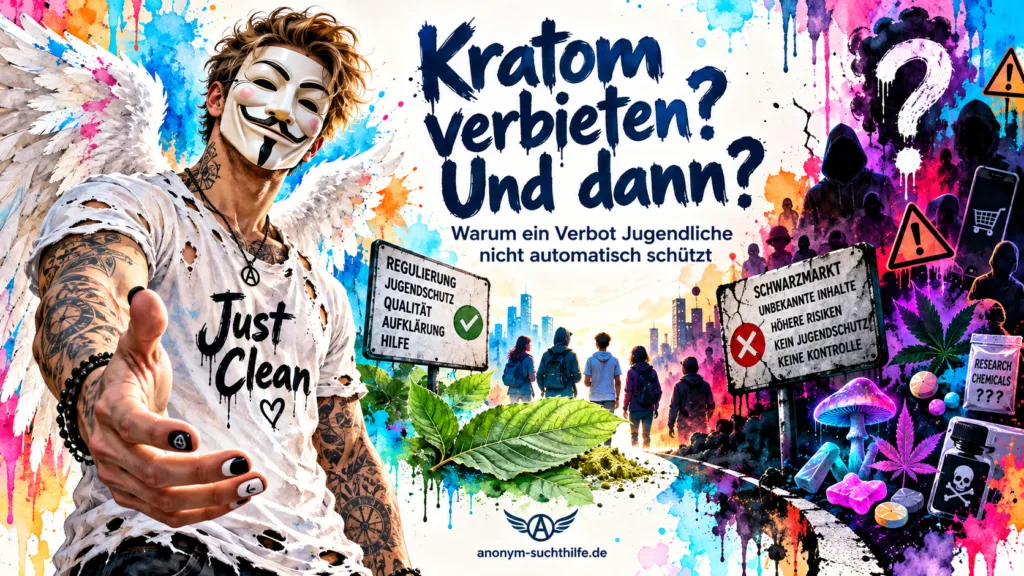 Titelbild zum Artikel über Kratom-Verbot, Jugendschutz und Regulierung mit der Anonym-Suchthilfe-Markenfigur, Kratomblättern und dem Gegensatz zwischen kontrollierter Regulierung und unreguliertem Schwarzmarkt.