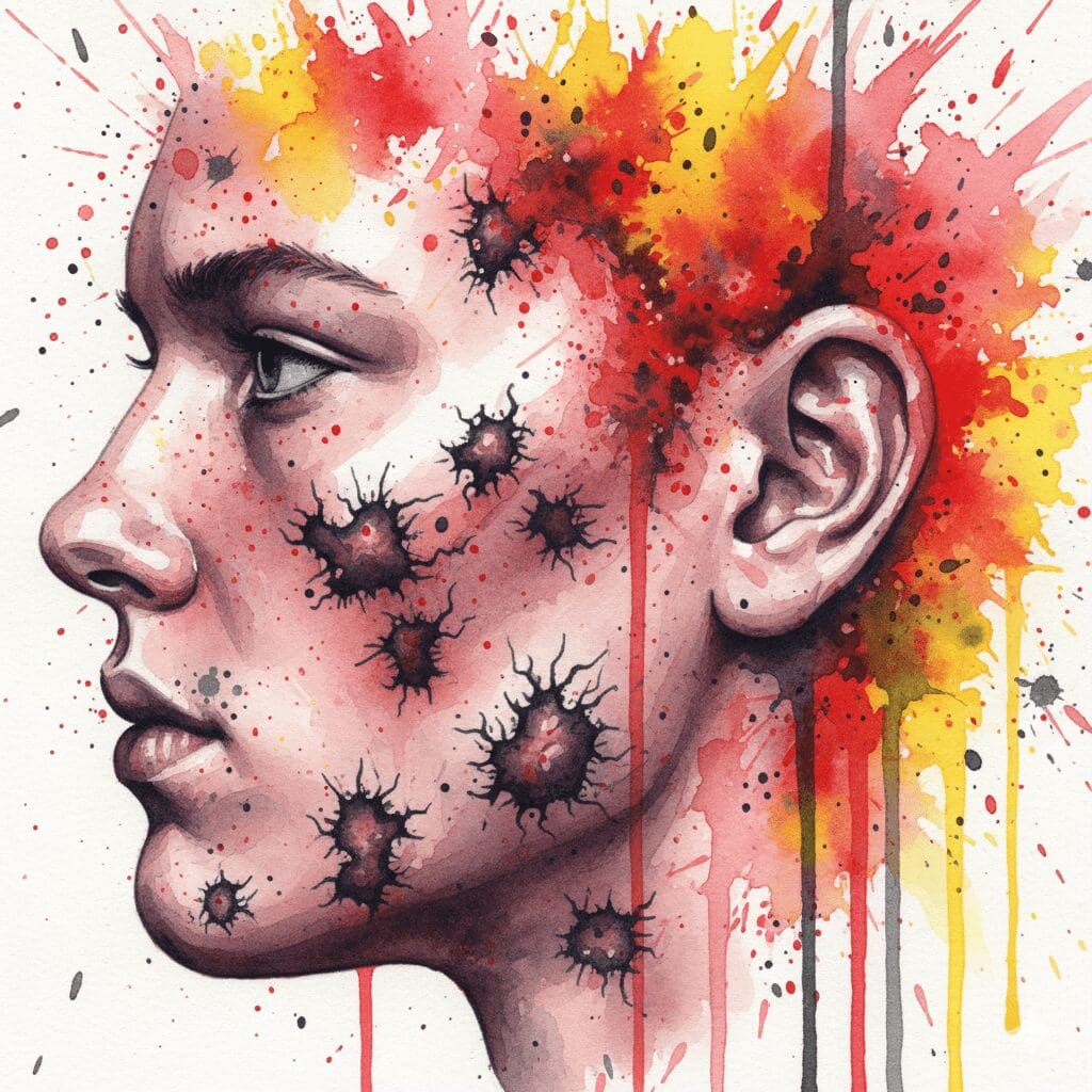 Darstellung der nekrotisierenden Vaskulitis durch Levamisol, gezeigt als violett-schwarze, absterbende Hautflecken, typischerweise an den Ohren.