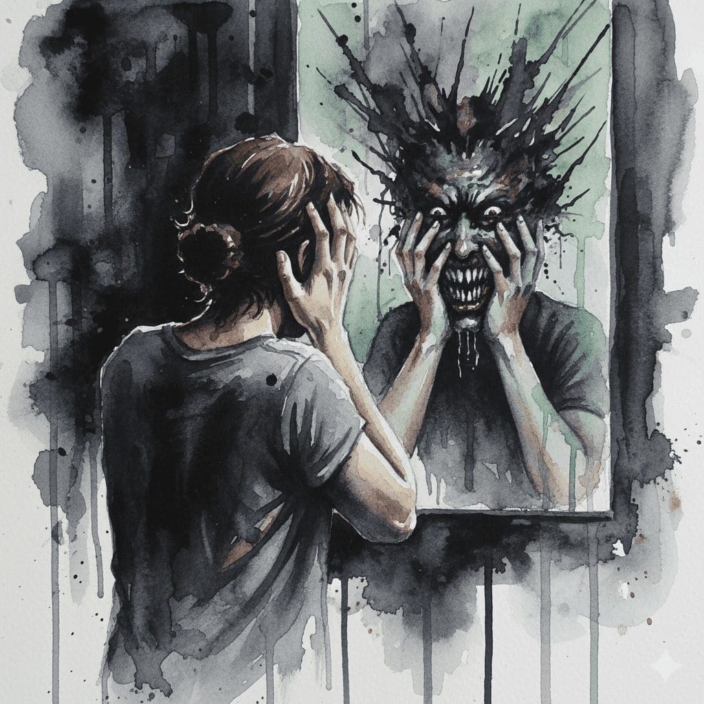 Künstlerische Darstellung eines "Bad Trips" auf LSD, bei dem die eigene Wahrnehmung und das Selbstbild monströs verzerrt werden.